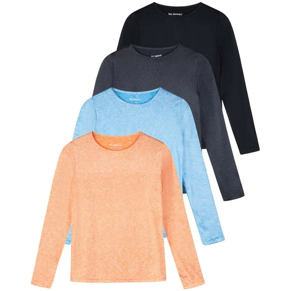 Real Essentials 4 Pack: Women's Dry-Fit Tech Stretch Long-Sleeve Athletic Workout T-Shirt (Available in Plus Size)