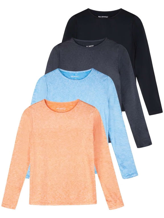 4 Pack: Women's Dry-Fit Tech Stretch Long-Sleeve Athletic Workout T-Shirt (Available in Plus Size)
