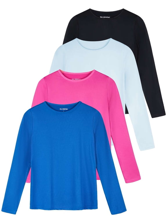 4 Pack: Women's Dry-Fit Tech Stretch Long-Sleeve Athletic Workout T-Shirt (Available in Plus Size)