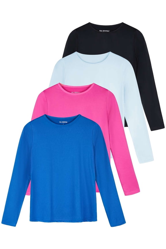 4 Pack: Women's Dry-Fit Tech Stretch Long-Sleeve Athletic Workout T-Shirt (Available in Plus Size)