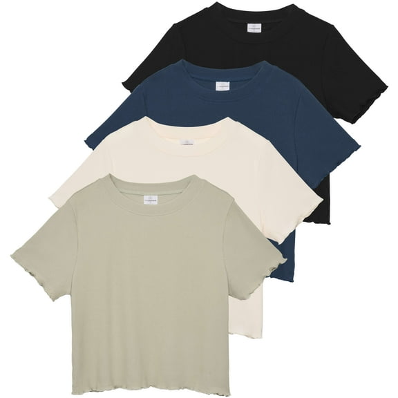 Real Essentials 4 Pack:Women's Lettuce Trim Ribbed Knit Short Sleeve Crop Tops Shirts Casual Summer Going Out T-Shirts