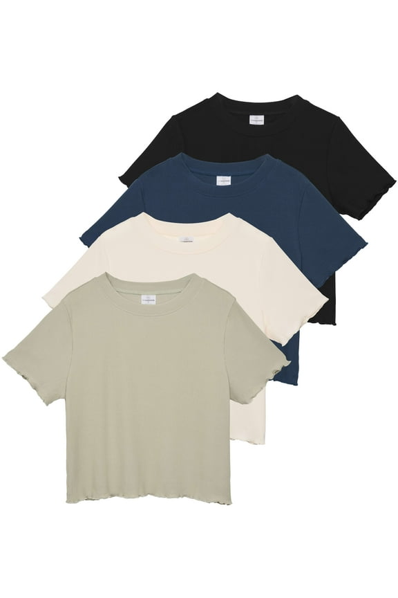 4 Pack:Women's Lettuce Trim Ribbed Knit Short Sleeve Crop Tops Shirts Casual Summer Going Out T-Shirts
