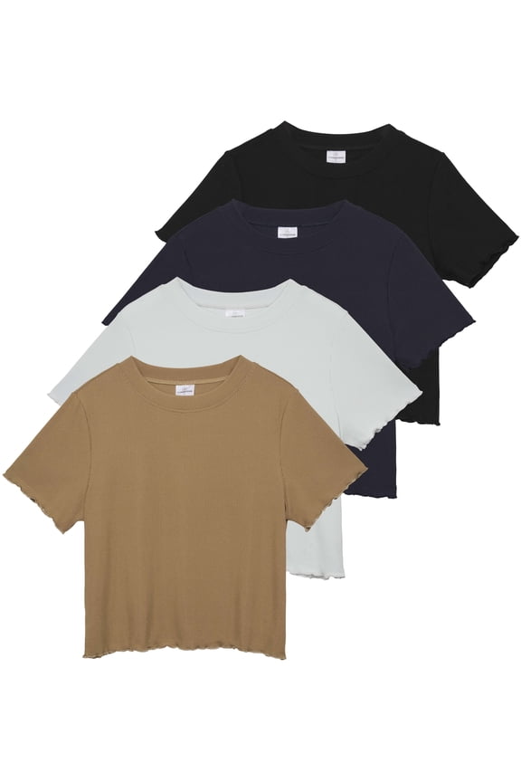 4 Pack:Women's Lettuce Trim Ribbed Knit Short Sleeve Crop Tops Shirts Casual Summer Going Out T-Shirts