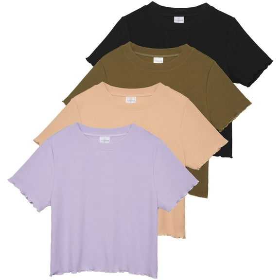 Real Essentials 4 Pack:Women's Lettuce Trim Ribbed Knit Short Sleeve Crop Tops Shirts Casual Summer Going Out T-Shirts