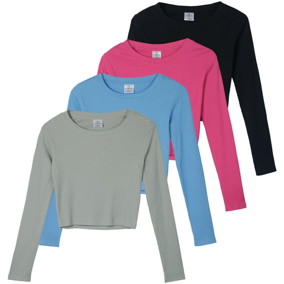 Real Essentials 4-Pack: Women's Long Sleeve Ribbed Knit Cotton Crew Neck Crop Top Shirt - (Available in Plus)