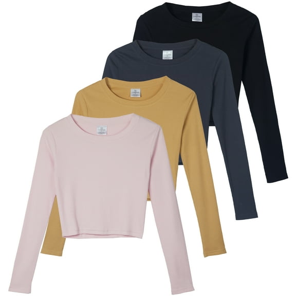 Real Essentials 4-Pack: Women's Long Sleeve Ribbed Knit Cotton Crew Neck Crop Top Shirt - (Available in Plus)