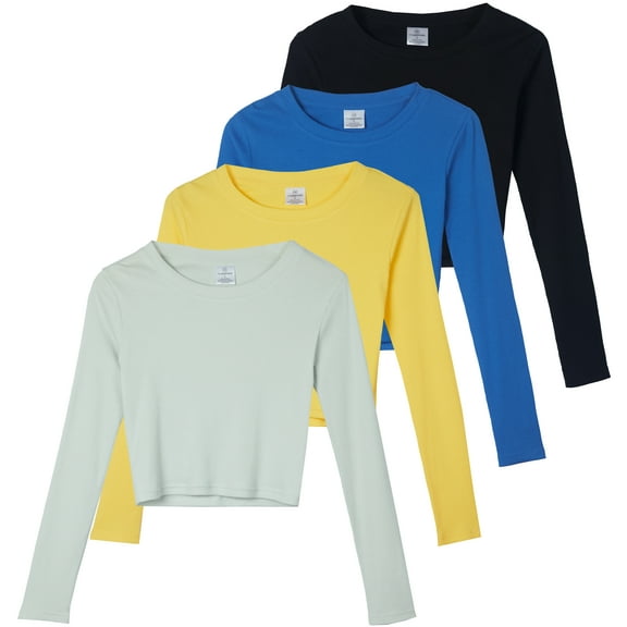 Real Essentials 4-Pack: Women's Long Sleeve Ribbed Knit Cotton Crew Neck Crop Top Shirt - (Available in Plus)