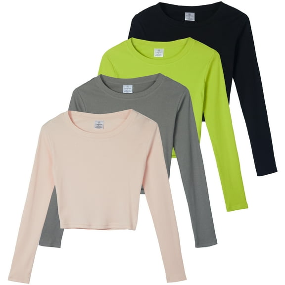 Real Essentials 4-Pack: Women's Long Sleeve Ribbed Knit Cotton Crew Neck Crop Top Shirt - (Available in Plus)