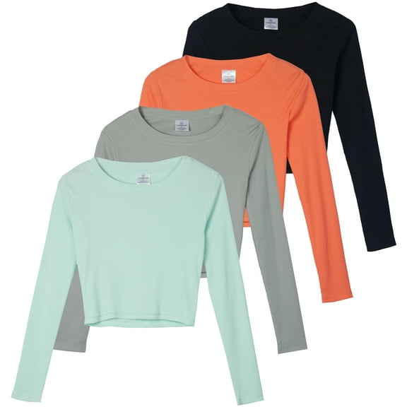Real Essentials 4-Pack: Women's Long Sleeve Ribbed Knit Cotton Crew Neck Crop Top Shirt - (Available in Plus)