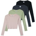 thumbnail image 1 of Real Essentials 4-Pack: Women's Long Sleeve Ribbed Knit Cotton Crew Neck Crop Top Shirt - (Available in Plus), 1 of 6