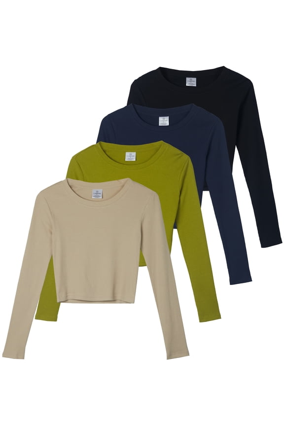 4-Pack: Women's Long Sleeve Ribbed Knit Cotton Crew Neck Crop Top Shirt - (Available in Plus)