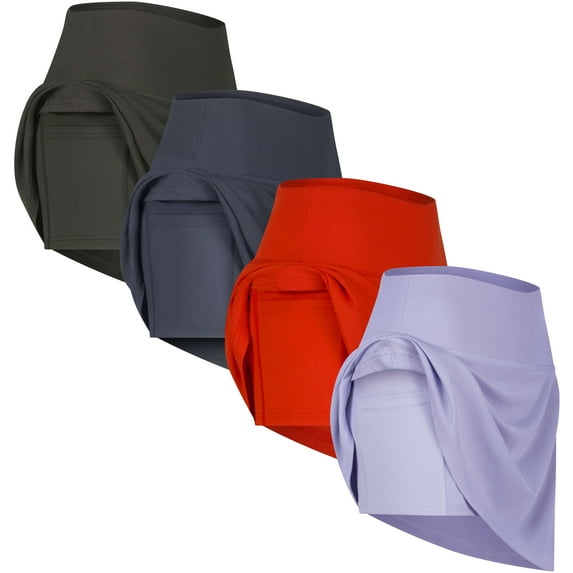 Real Essentials 4 Pack: Women's Ribbed Active Skort Pockets Skirt Running Tennis Golf Workout Sports (Available In Plus)