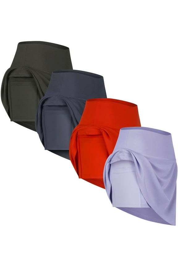 4 Pack: Women's Ribbed Active Skort Pockets Skirt Running Tennis Golf Workout Sports (Available In Plus)