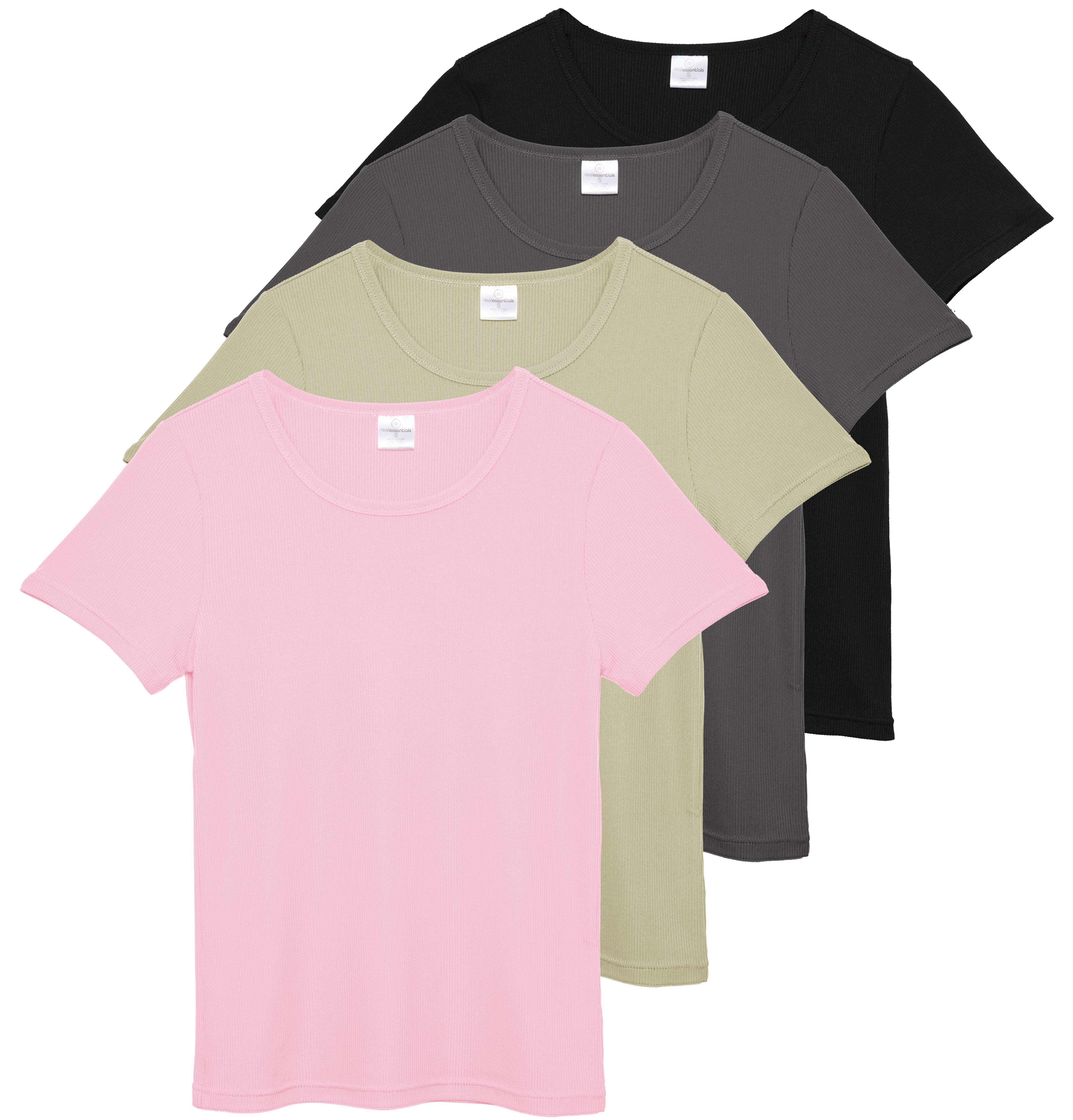 Real Essentials Inner Label Real Essentials 4 Pack: Women's Ribbed Knit Short Sleeve Crew Neck T ...