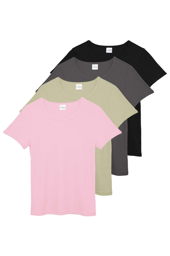 4 Pack: Women's Ribbed Knit Short Sleeve Crew Neck T-Shirt (Available in Plus)