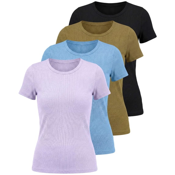 Real Essentials 4 Pack: Women's Ribbed Knit Short Sleeve Crew Neck T-Shirt (Available in Plus)