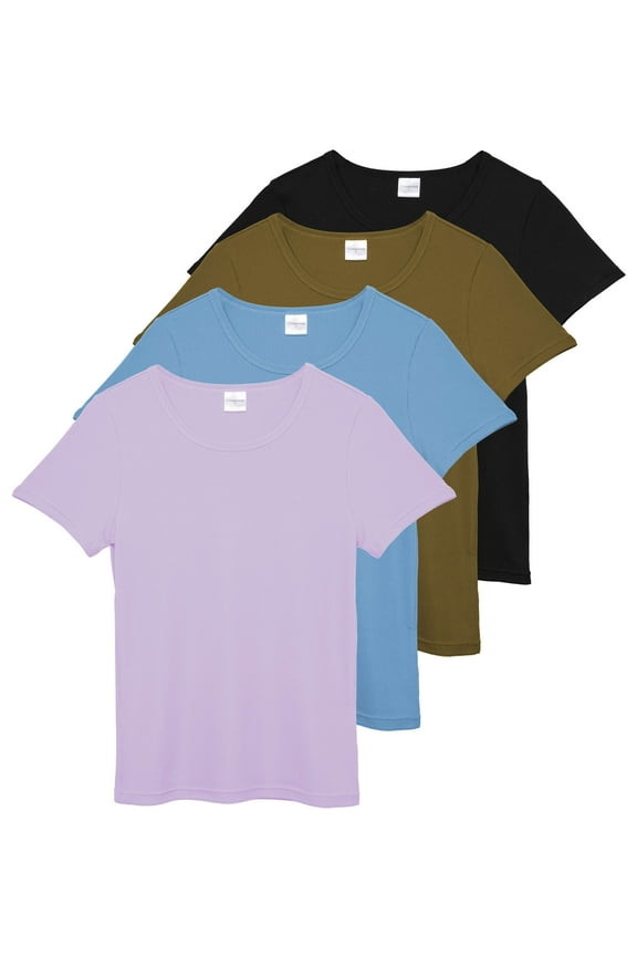 4 Pack: Women's Ribbed Knit Short Sleeve Crew Neck T-Shirt (Available in Plus)