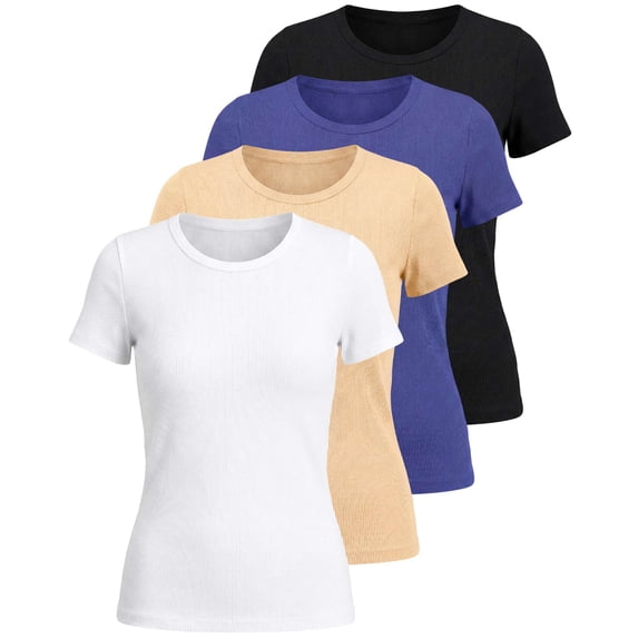 Real Essentials 4 Pack: Women's Ribbed Knit Short Sleeve Crew Neck T-Shirt (Available in Plus)