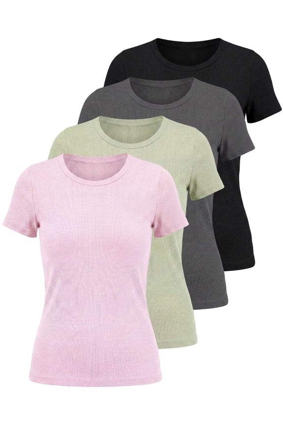 4 Pack: Women's Ribbed Knit Short Sleeve Crew Neck T-Shirt (Available in Plus)