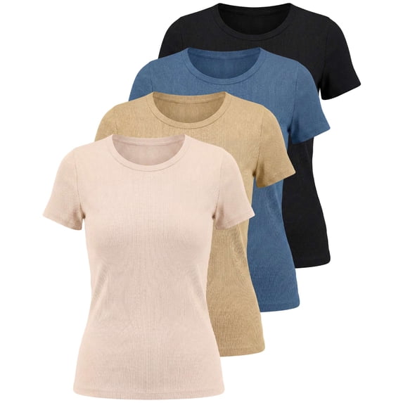 Real Essentials 4 Pack: Women's Ribbed Knit Short Sleeve Crew Neck T-Shirt (Available in Plus)