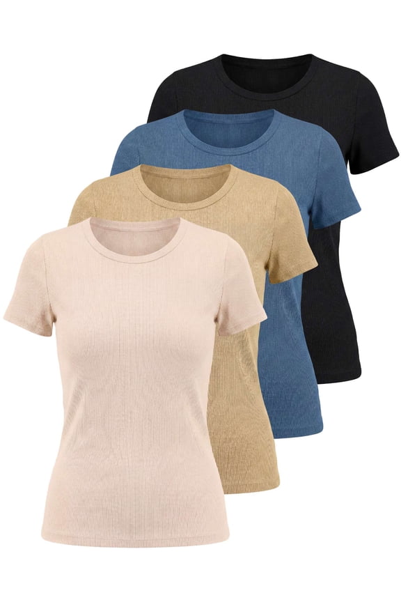 4 Pack: Women's Ribbed Knit Short Sleeve Crew Neck T-Shirt (Available in Plus)