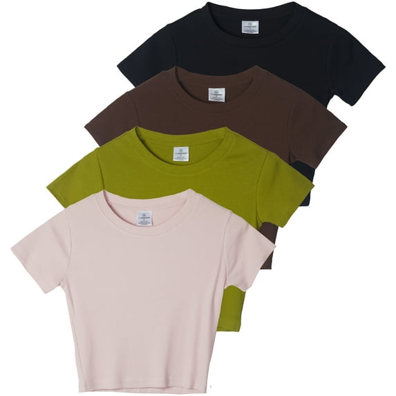 Real Essentials 4-Pack: Women's Short Sleeve Ribbed Knit Cotton Crew Neck Crop Top T-Shirt - (Available in Plus)