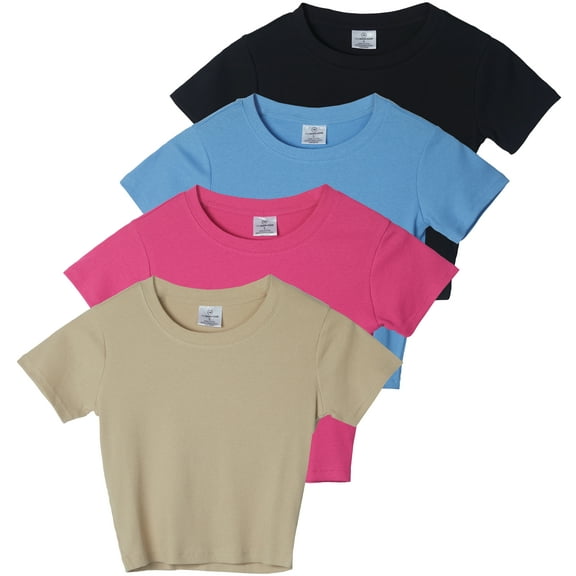 Real Essentials 4-Pack: Women's Short Sleeve Ribbed Knit Cotton Crew Neck Crop Top T-Shirt - (Available in Plus)