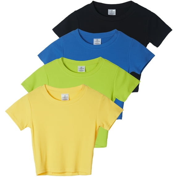Real Essentials 4-Pack: Women's Short Sleeve Ribbed Knit Cotton Crew Neck Crop Top T-Shirt - (Available in Plus)