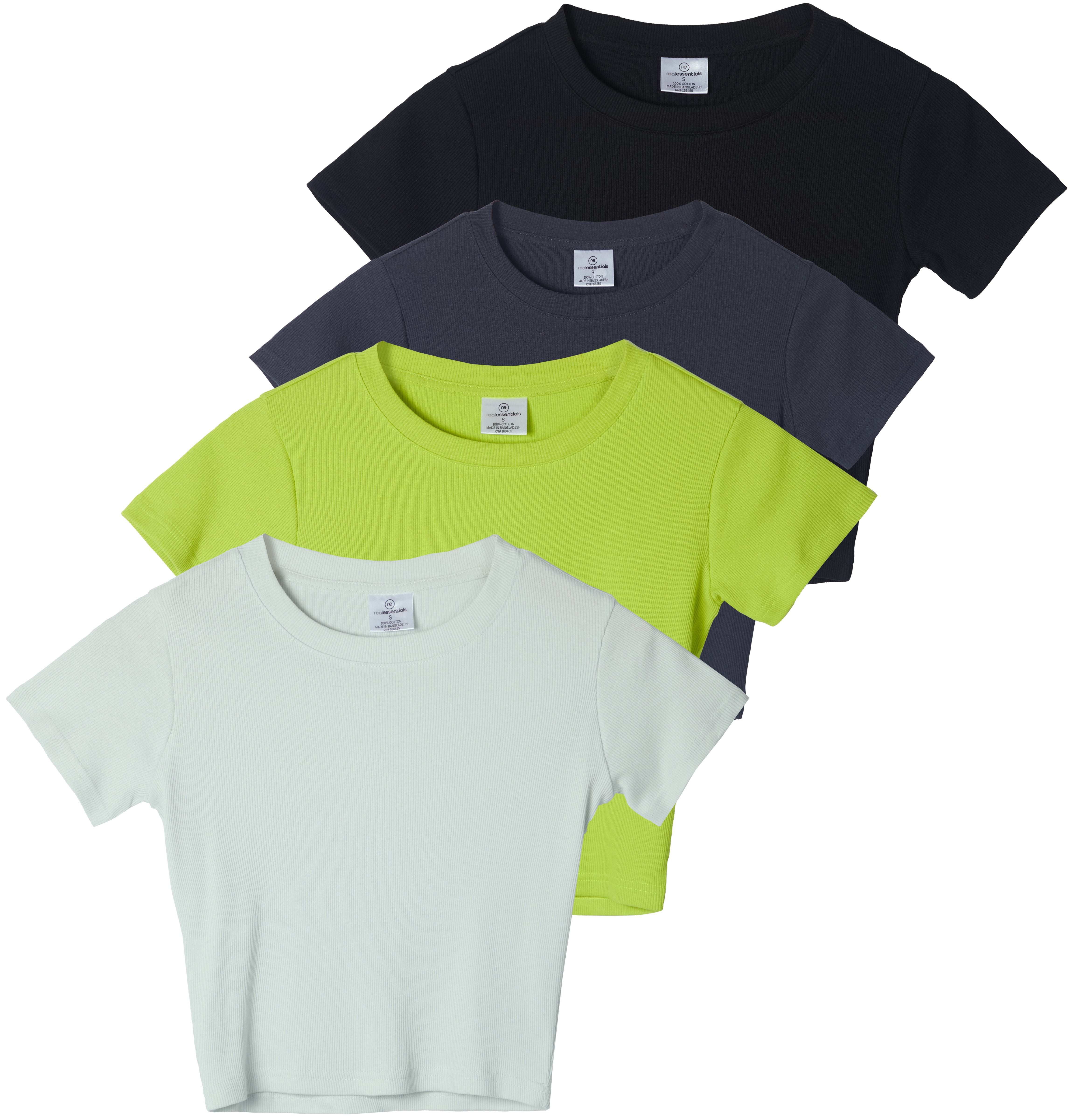 Real Essentials 4-Pack: Women's Short Sleeve Ribbed Knit Cotton Crew ...