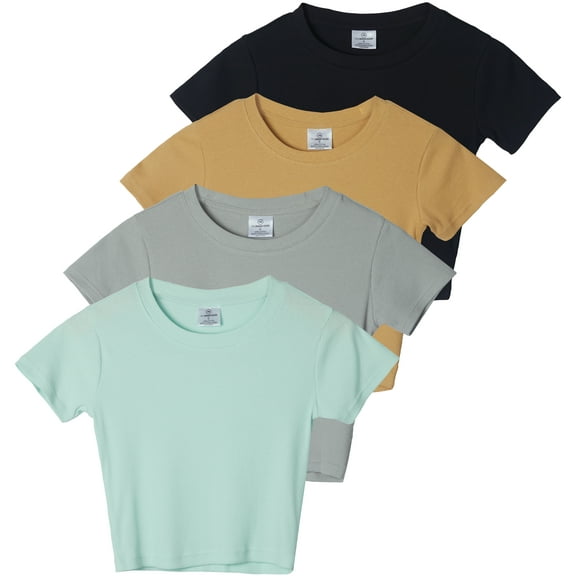 Real Essentials 4-Pack: Women's Short Sleeve Ribbed Knit Cotton Crew Neck Crop Top T-Shirt - (Available in Plus)