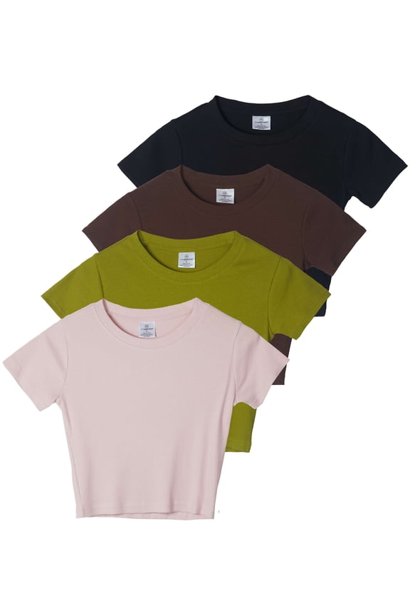 4-Pack: Women's Short Sleeve Ribbed Knit Cotton Crew Neck Crop Top T-Shirt - (Available in Plus)