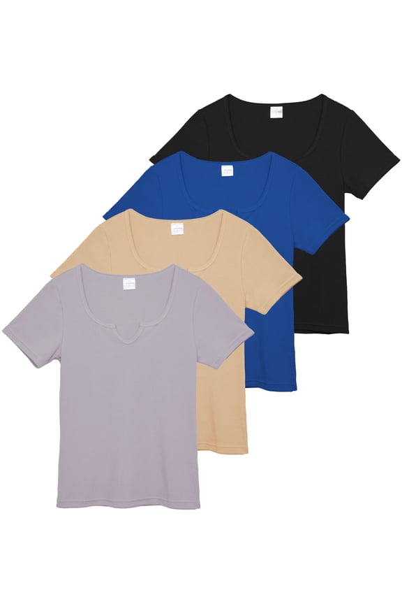 4 Pack: Women's Soft Ribbed Knit Split Neck T-Shirt - Casual Office Summer Top (Available In Plus)