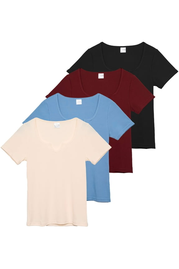 4 Pack: Women's Soft Ribbed Knit Split Neck T-Shirt - Casual Office Summer Top (Available In Plus)