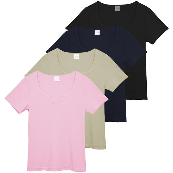 Real Essentials 4 Pack: Women's Soft Ribbed Knit Split Neck T-Shirt - Casual Office Summer Top (Available In Plus)