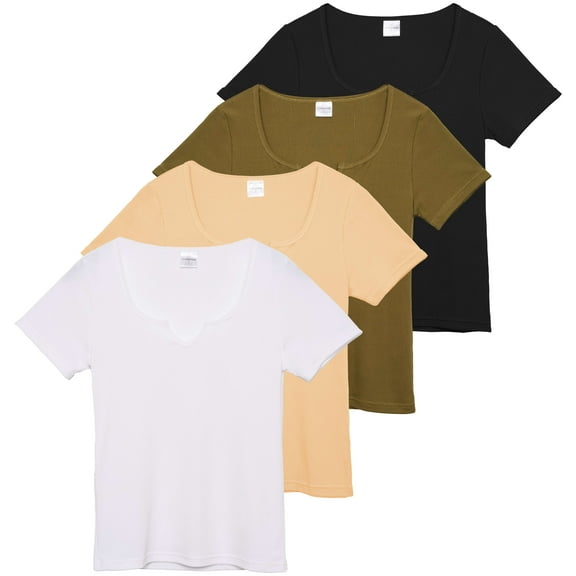 Real Essentials 4 Pack: Women's Soft Ribbed Knit Split Neck T-Shirt - Casual Office Summer Top (Available In Plus)