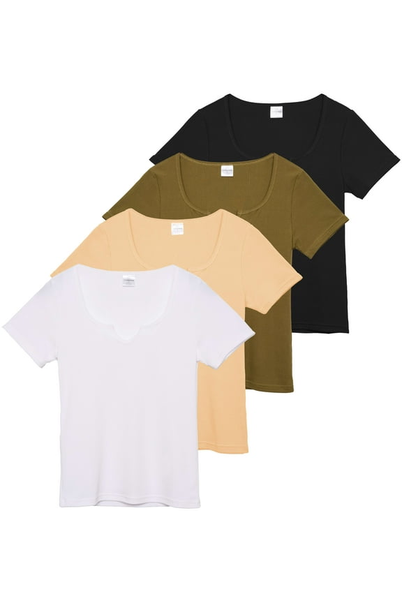 4 Pack: Women's Soft Ribbed Knit Split Neck T-Shirt - Casual Office Summer Top (Available In Plus)