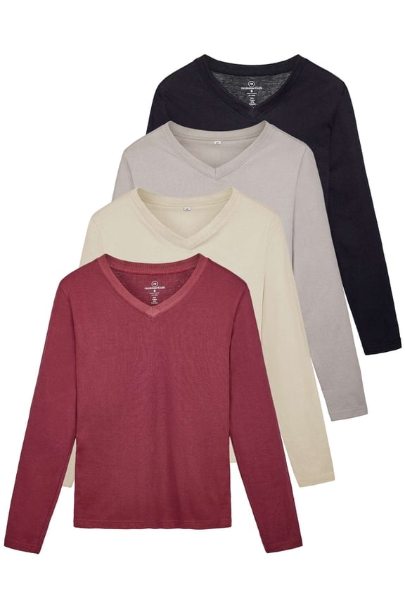 4 Pack: Women's V-Neck Cotton Long-Sleeve T-Shirt (Available in Plus Size)