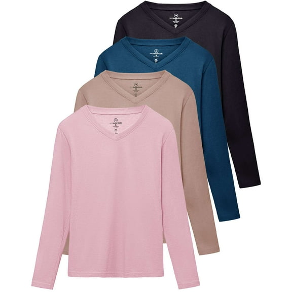 Real Essentials 4 Pack: Women's V-Neck Cotton Long-Sleeve T-Shirt (Available in Plus Size)