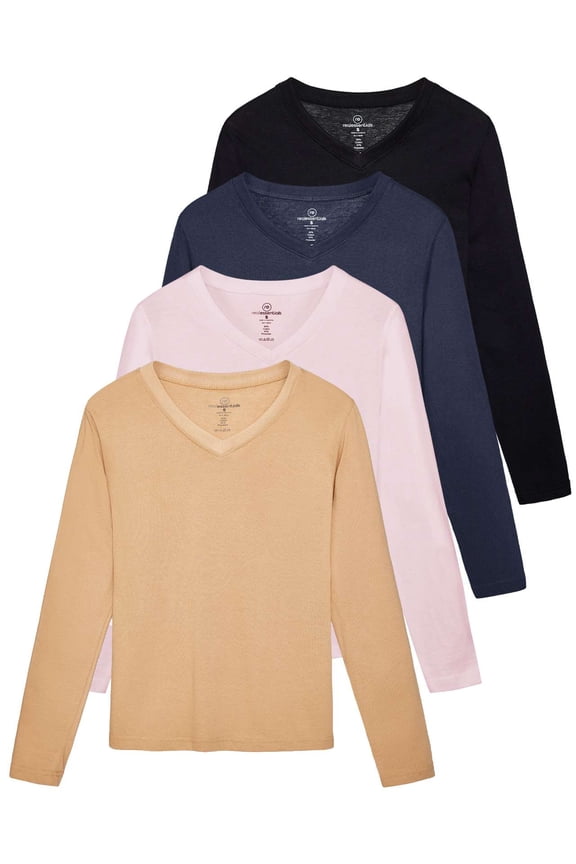 4 Pack: Women's V-Neck Cotton Long-Sleeve T-Shirt (Available in Plus Size)