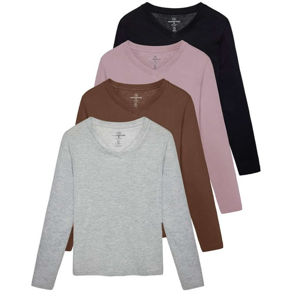 Real Essentials 4 Pack: Women's V-Neck Cotton Long-Sleeve T-Shirt (Available in Plus Size)