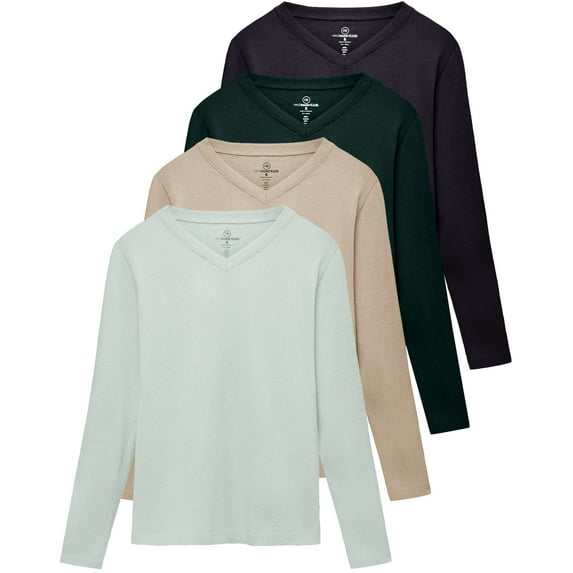 Real Essentials 4 Pack: Women's V-Neck Cotton Long-Sleeve T-Shirt (Available in Plus Size)