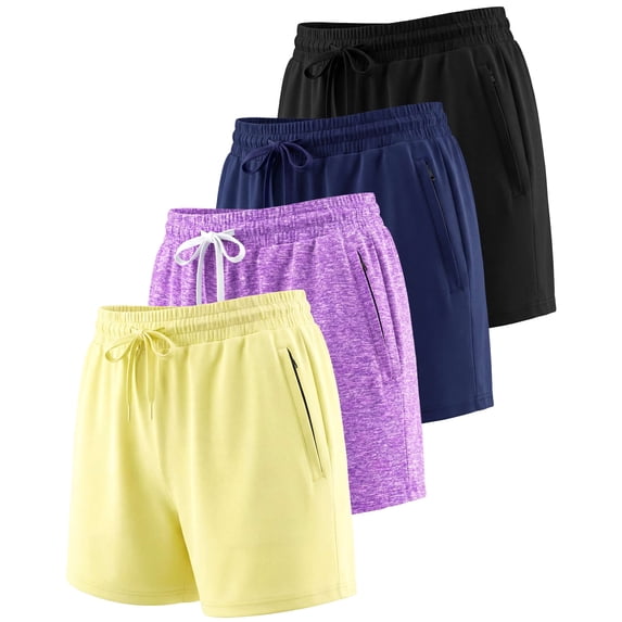 Real Essentials 4 Pack: Womens Athletic Dry-Fit Lounge Shorts with Zipper Pockets (Available In Plus Size)