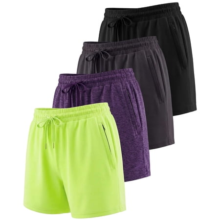 4 Pack Women's Dry Fit Zipper Pockets Shorts Athletic Running High Waisted