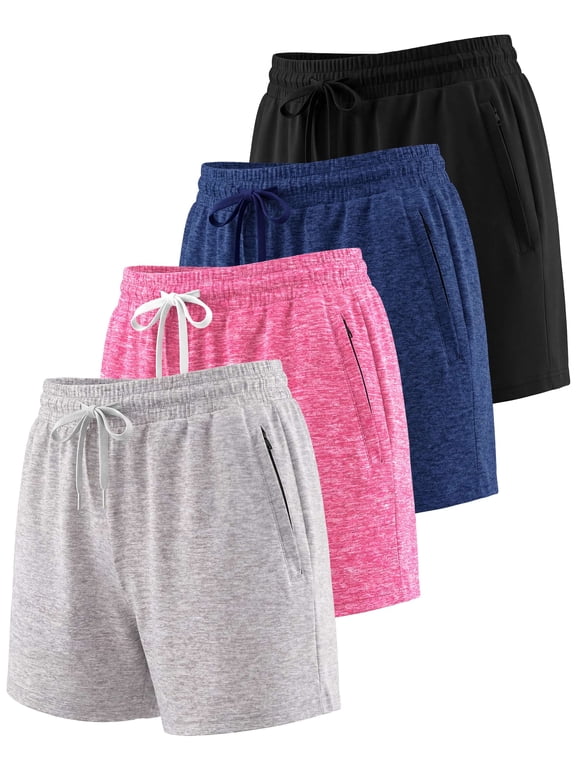 4 Pack Women's Dry Fit Zipper Pockets Shorts Athletic Running High Waisted