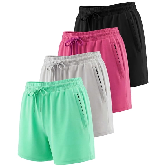 Real Essentials 4 Pack: Womens Athletic Dry-Fit Lounge Shorts with Zipper Pockets (Available In Plus Size)