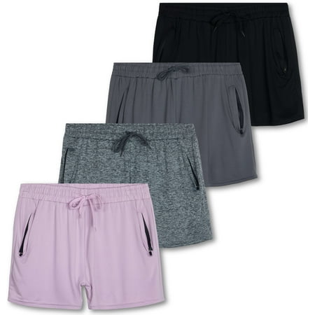 Real Essentials 4 Pack: Womens Active Athletic Performance Dry-Fit Shorts with Zipper Pockets (Available In Plus Size)