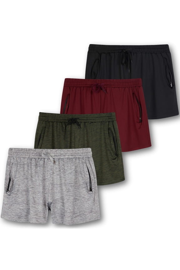 4 Pack: Womens Active Athletic Performance Dry-Fit Shorts with Zipper Pockets (Available In Plus Size)