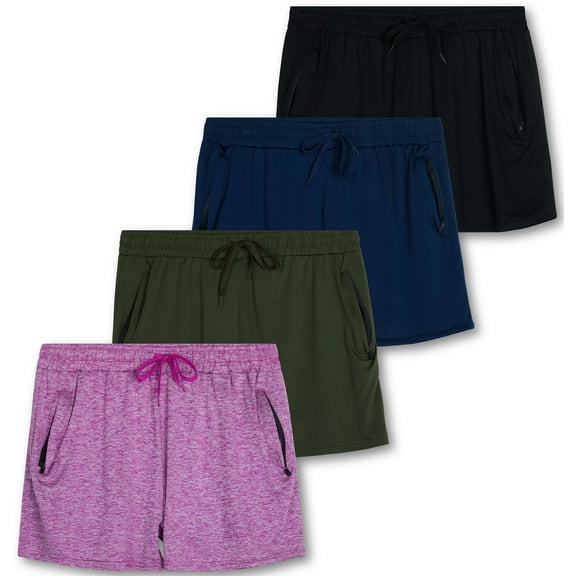 Real Essentials 4 Pack: Womens Active Athletic Performance Dry-Fit Shorts with Zipper Pockets (Available In Plus Size)