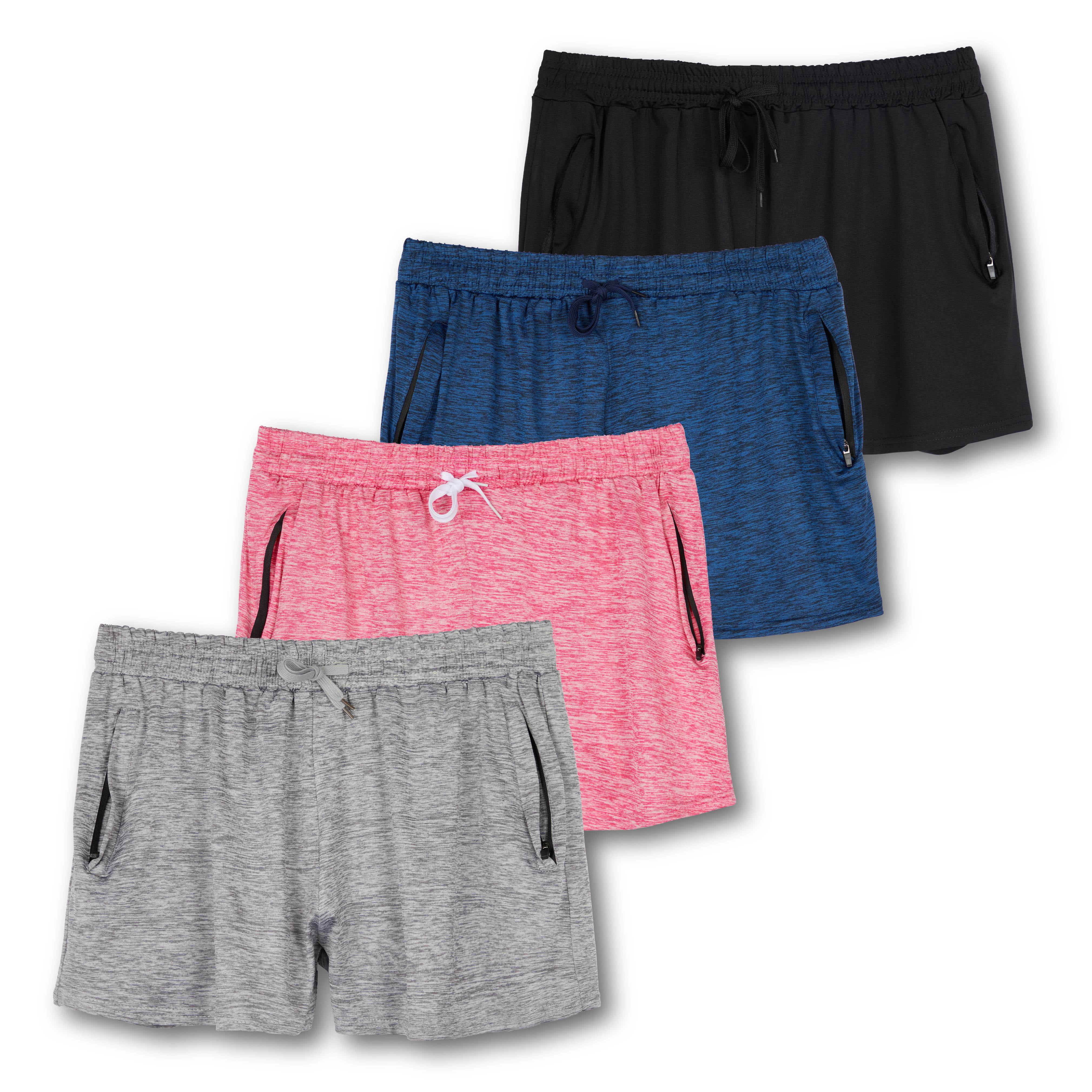 Real Essentials 4 Pack: Womens Active Athletic Performance Dry-Fit Shorts  with Zipper Pockets (Available In Plus Size) 