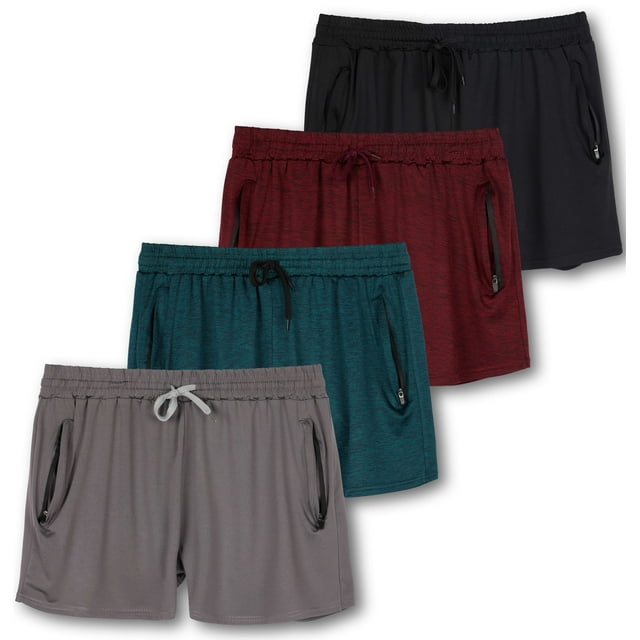 Real Essentials 4 Pack: Womens Active Athletic Performance Dry-Fit Shorts with Zipper Pockets (Available In Plus Size)